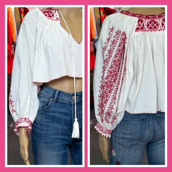 FREE PEOPLE Embroidered Boho Indie Crop Top Long Sleeve Ethnic Blouse Rare XS - Picture 1 of 15